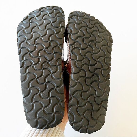 Birkis Metallic Embossed Double Strap Sandals Size 37 EU Cork‎ Sole Comfort Foot - Picture 3 of 16